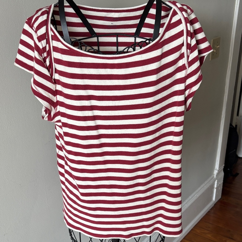 Pilcro Striped Crewneck Top - White & Burgundy